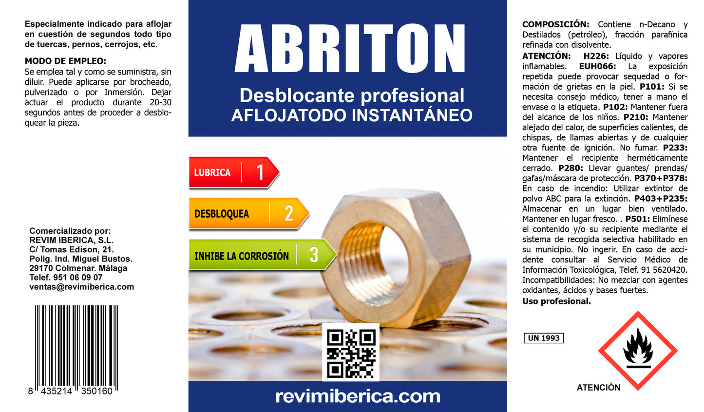 ABRITON. Aflojatodo instantáneo, desbloqueante de tuercas y tornillos profesional.