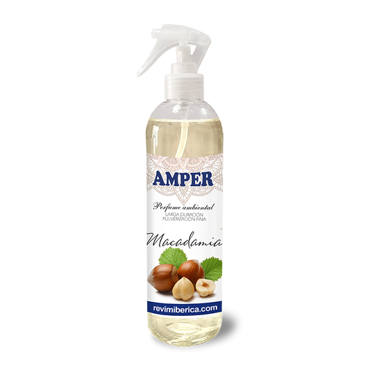 ambientador aroma macadamia olor dulce con salida herbal en spray marca AMPER