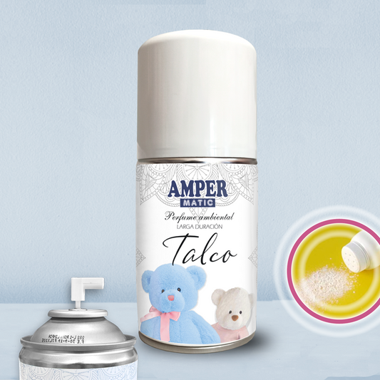 Descubre el ambientador de talco AMPER, con fragancia suave y envolvente. Ideal para guarderías, centros de belleza, clínicas y espacios que buscan una atmósfera limpia y tierna.