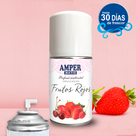 Ambientador aerosol, recambio difusor automático y manual. Aroma FRUTOS ROJOS. Aroma dulce y delicado. (250 ml.)