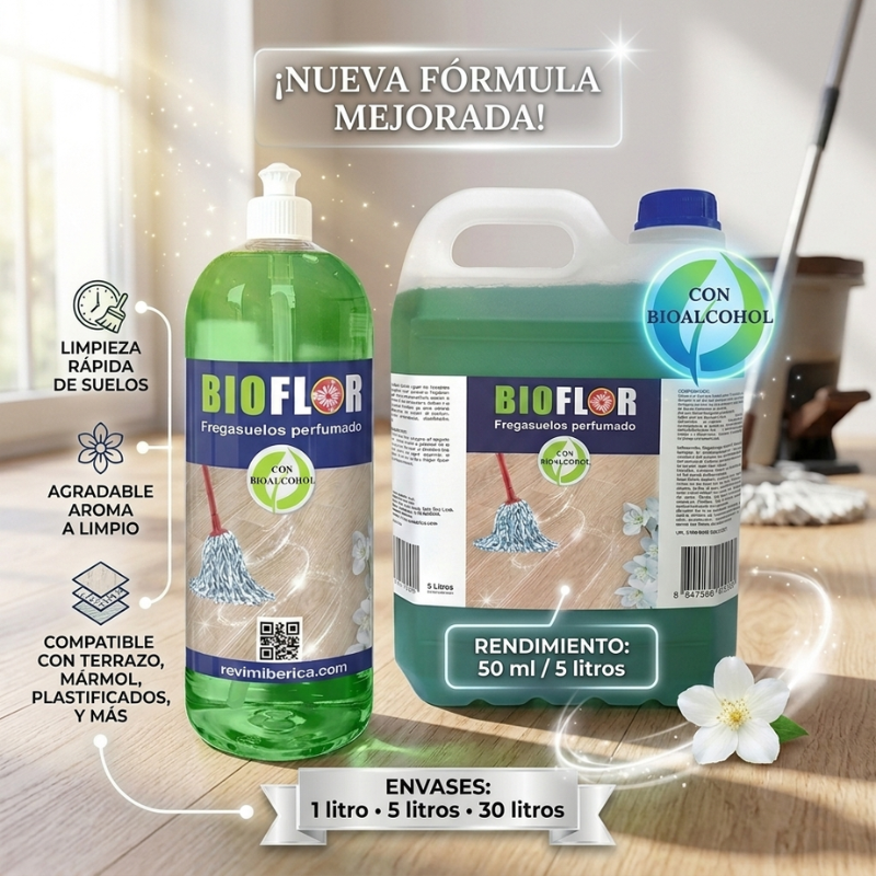 BIOFLOR AMPER friegasuelos con bioalcohol para la limpieza de mármol, terrazo, suelos vitrificados y superficies lavables con agradable aroma a limpio.