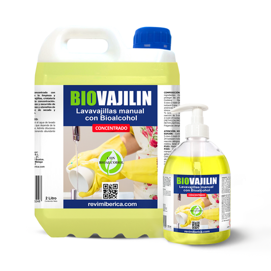 BIOVAJILIN es un lavavajillas manual con bioalcohol, eficaz contra la grasa y suave con tus manos. Limpia rápido, seca sin marcas y se puede usar sin guantes.