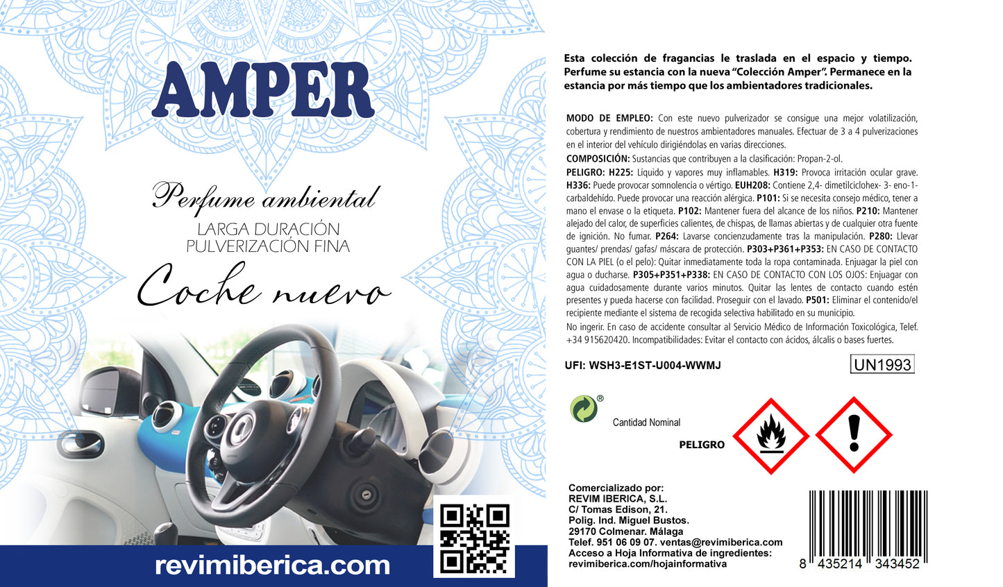Ambientador aroma a COCHE NUEVO. Elimina malos olores en el vehículo. Concentrado, permanente. AMPER COCHE NUEVO