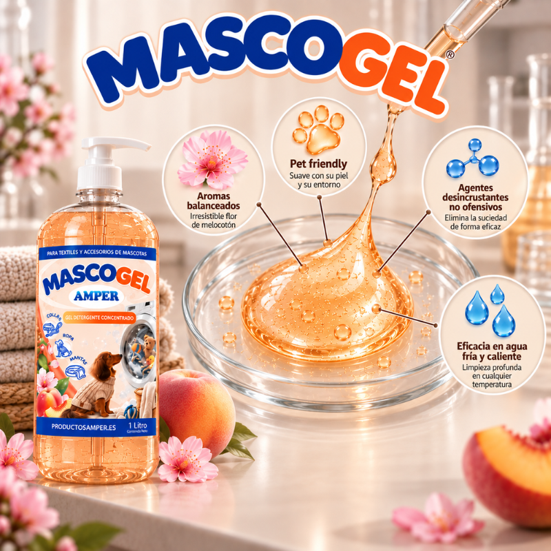 Fórmula concentrada en gel con aroma Flor de Melocotón, diseñada para la limpieza de textiles y accesorios de mascotas y eficaz tanto en agua fría como caliente.
