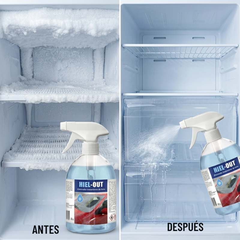 HIEL-OUT. Líquido descongelante para la eliminación de hielo, escarcha y condensaciones de agua de parabrisas de coches.