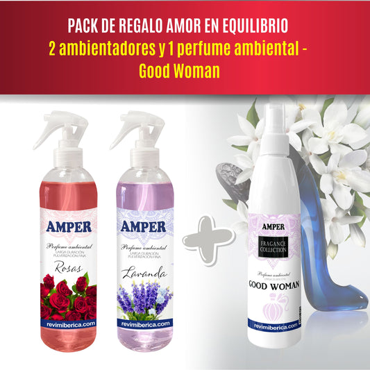 Pack regalo San Valentín AMPER con ambientadores rosas, lavanda y perfume Good Woman