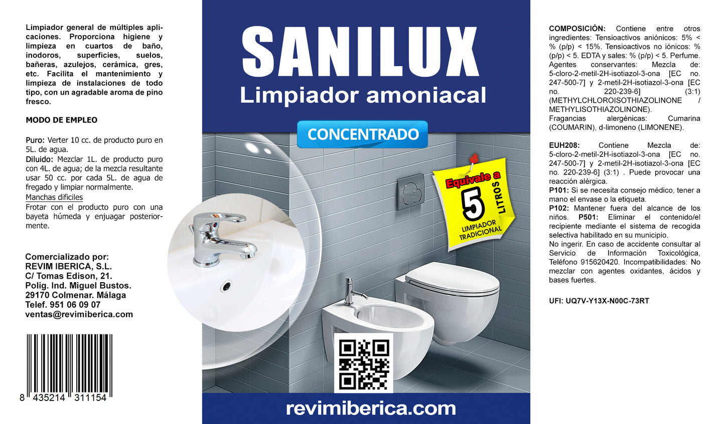 SANILUX | Limpiador Amoniacal Concentrado. Higiene diaria y desinfección profesional para baños