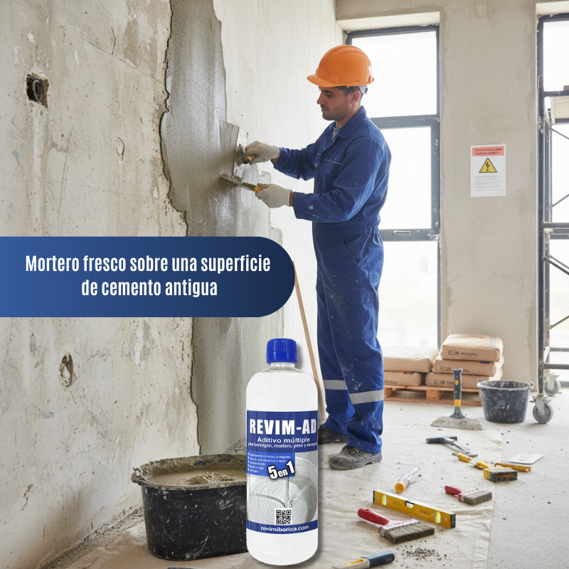 Obrero aplicando mortero en muro vertical para impermeabilizar superficie de obra, usando aditivo técnico para aumentar resistencia al agua.
