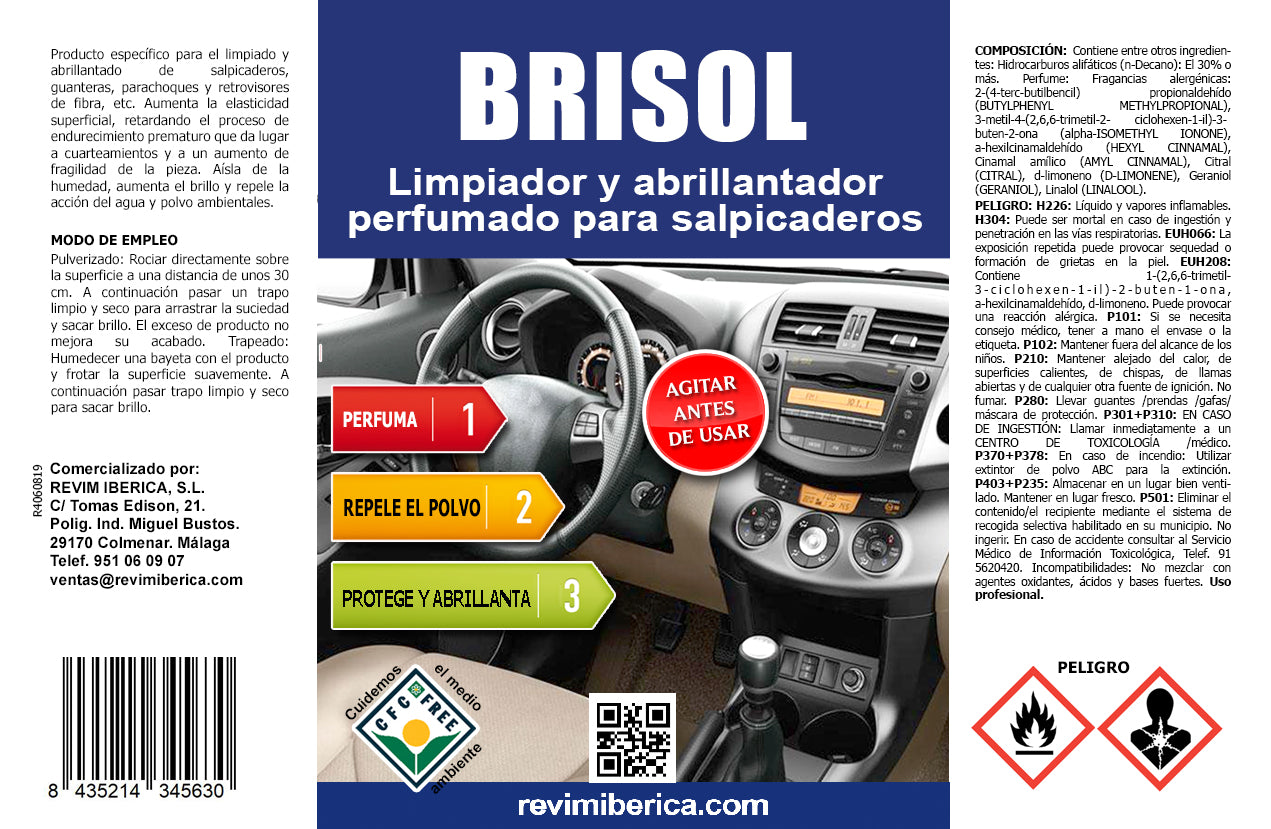 BRISOL. Abrillantador perfumado para el interior del coche, limpia salpicaderos y plásticos.