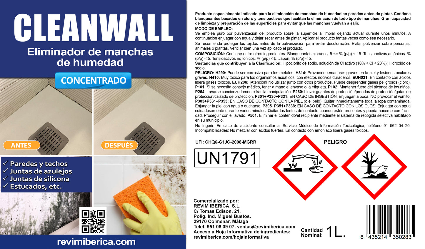 CLEAN WALL - Eliminador de manchas de humedad y hongos - Especial moho en Baños.