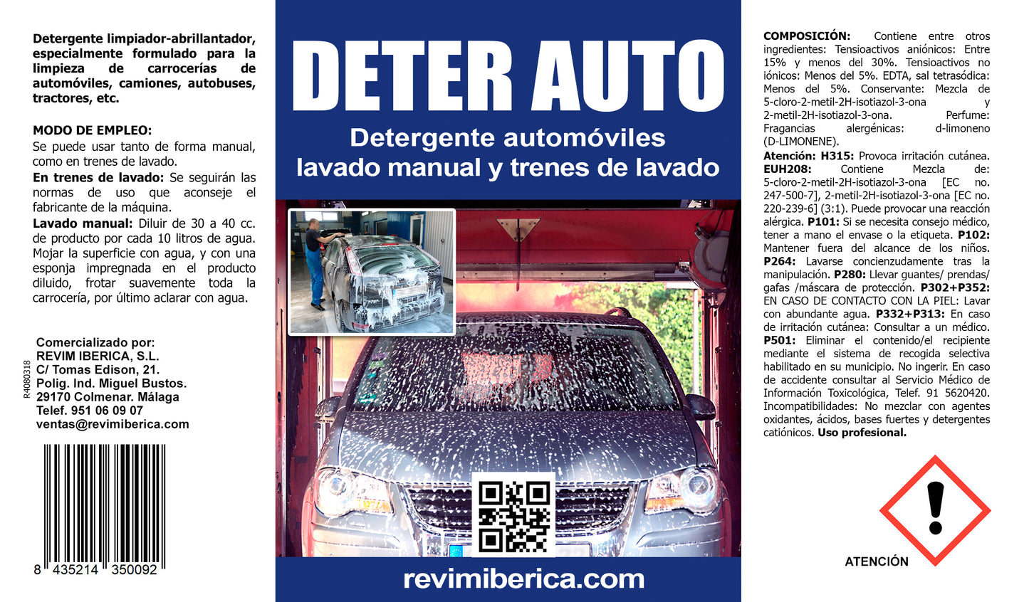 DETER AUTO. Detergente especial para coches para lavado manual y trenes de lavado