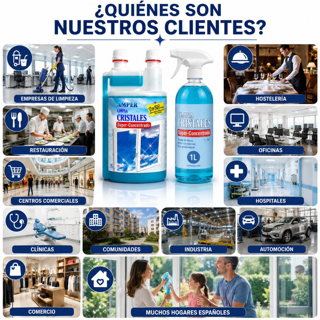 Limpiacristales Superconcentrado Profesional con Envase Dosificador para Diluciones Precisas | Limpia, Desengrasa y Abrillanta Cristales y Espejos