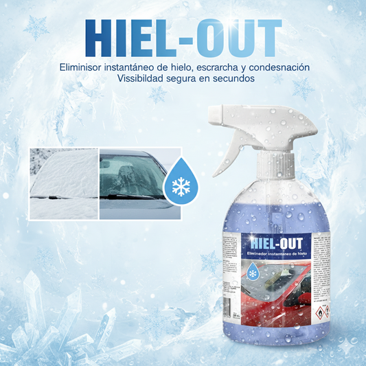 HIEL-OUT. Líquido descongelante para la eliminación de hielo, escarcha y condensaciones de agua de parabrisas de coches.