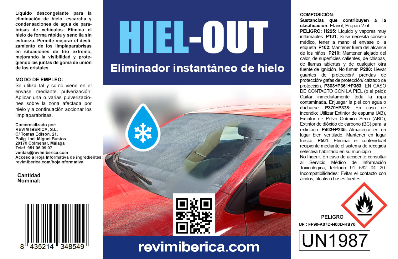 HIEL-OUT. Líquido descongelante para la eliminación de hielo, escarcha y condensaciones de agua de parabrisas de coches.