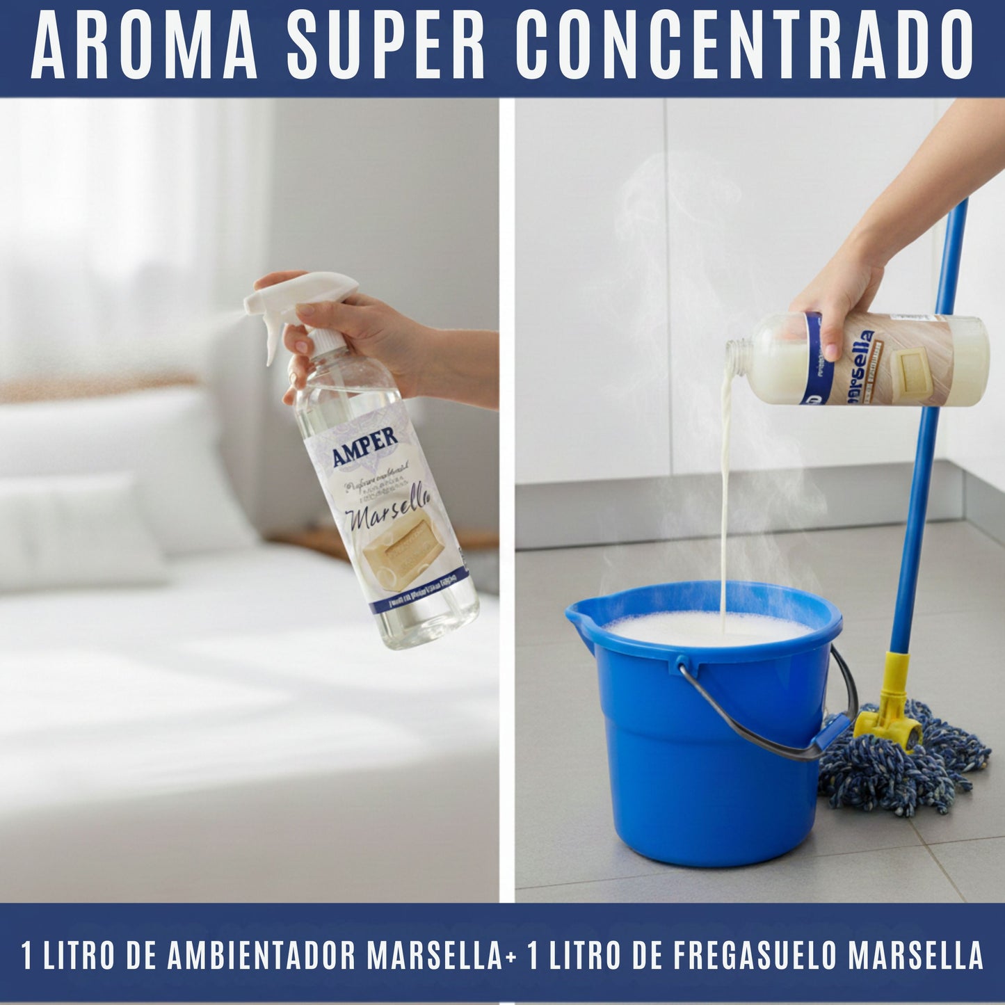 Pack Ambientador + Fregasuelos del mismo aroma – Ropa Limpia, Marsella o Talco | AMPER