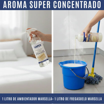 Pack Ambientador + Fregasuelos del mismo aroma – Ropa Limpia, Marsella o Talco | AMPER