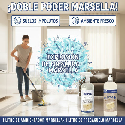 Pack Ambientador + Fregasuelos del mismo aroma – Ropa Limpia, Marsella o Talco | AMPER