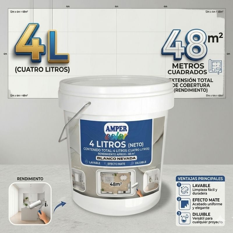 Pintura plástica al agua 4LITROS, efecto mate interior y exterior AMPER COLOR – Alta cubrición, lavable y de secado rápido