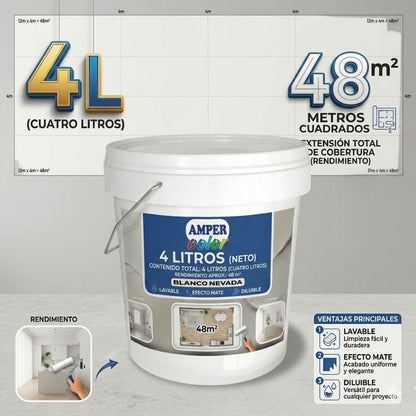 Pintura plástica al agua 4LITROS, efecto mate interior y exterior AMPER COLOR – Alta cubrición, lavable y de secado rápido