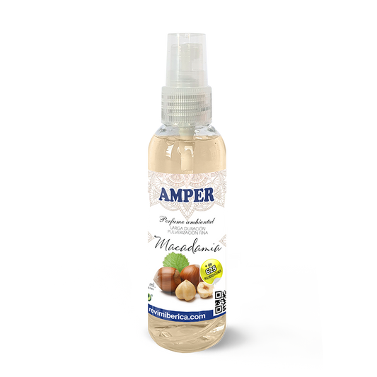 ambientador aroma macadamia olor dulce con salida herbal en spray marca AMPER