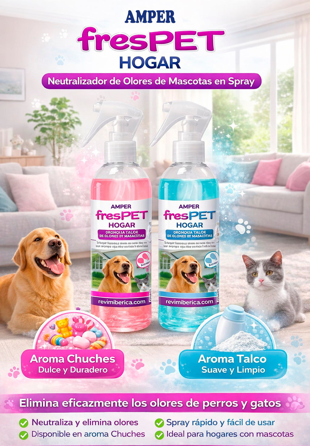 Neutralizador de olores de mascotas FresPET Hogar en spray para perros, gatos, conejos y hámsters