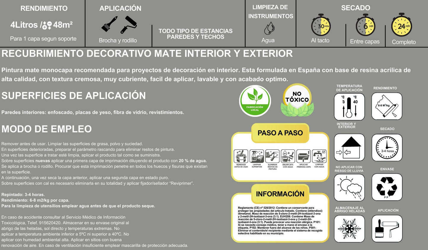 Pintura plástica al agua 4LITROS, efecto mate interior y exterior AMPER COLOR – Alta cubrición, lavable y de secado rápido