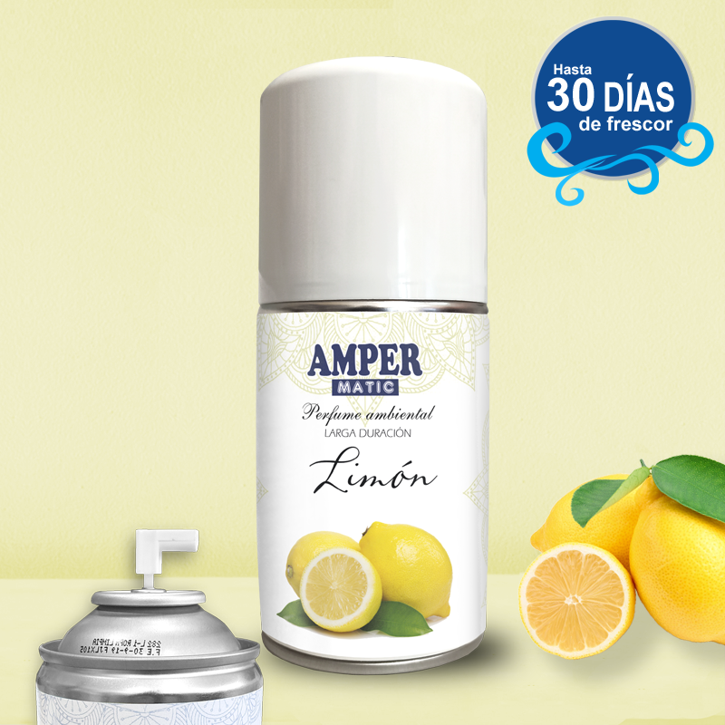 Ambientador aerosol AMPER MATIC Limón 250 ml, recambio para difusor automático y uso manual elaborado en espana