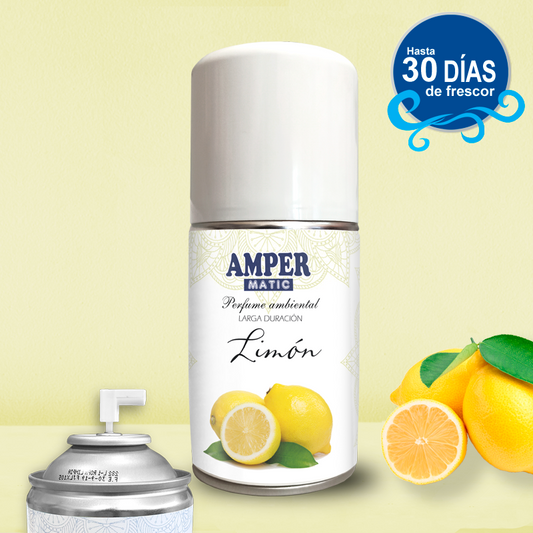 Ambientador aerosol AMPER MATIC Limón 250 ml, recambio para difusor automático y uso manual elaborado en espana