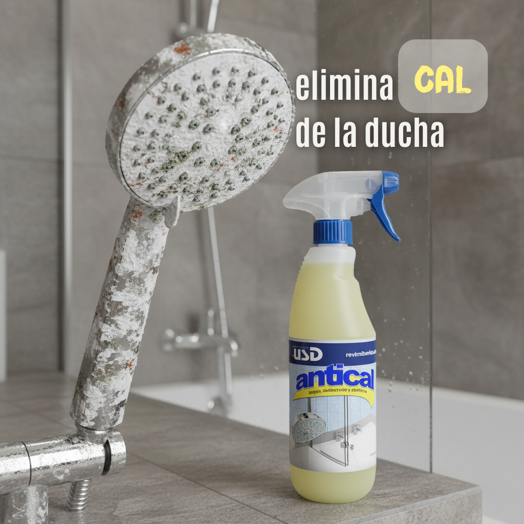 Antical AMPER eliminando cal y dejando brillo en grifería de baño