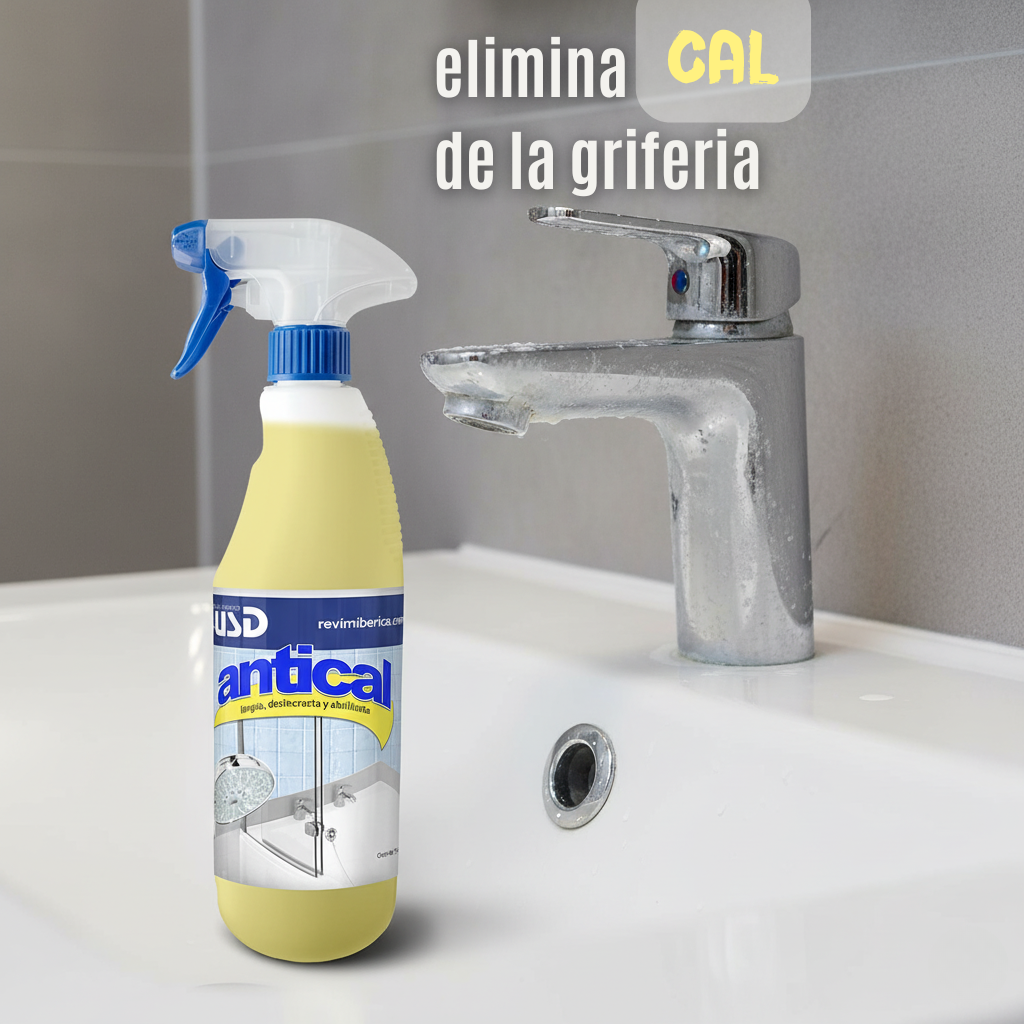 Antical AMPER eliminando cal y dejando brillo en grifería de baño