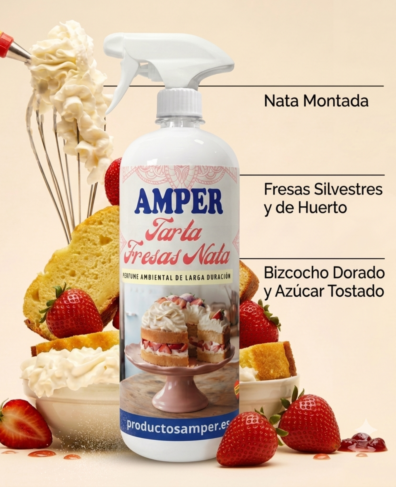 Ambientador aroma tarta de fresas con nata con notas de fresas, bizcocho y nata.