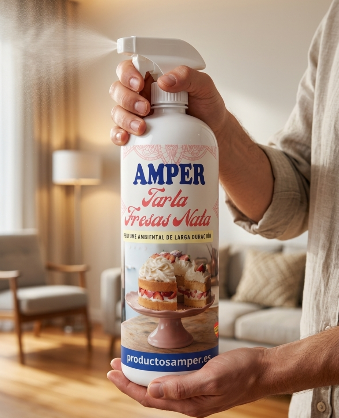 Persona pulverizando el ambientador Tarta de Fresas con Nata Amper de 1 litro en un salón para perfumar el ambiente.