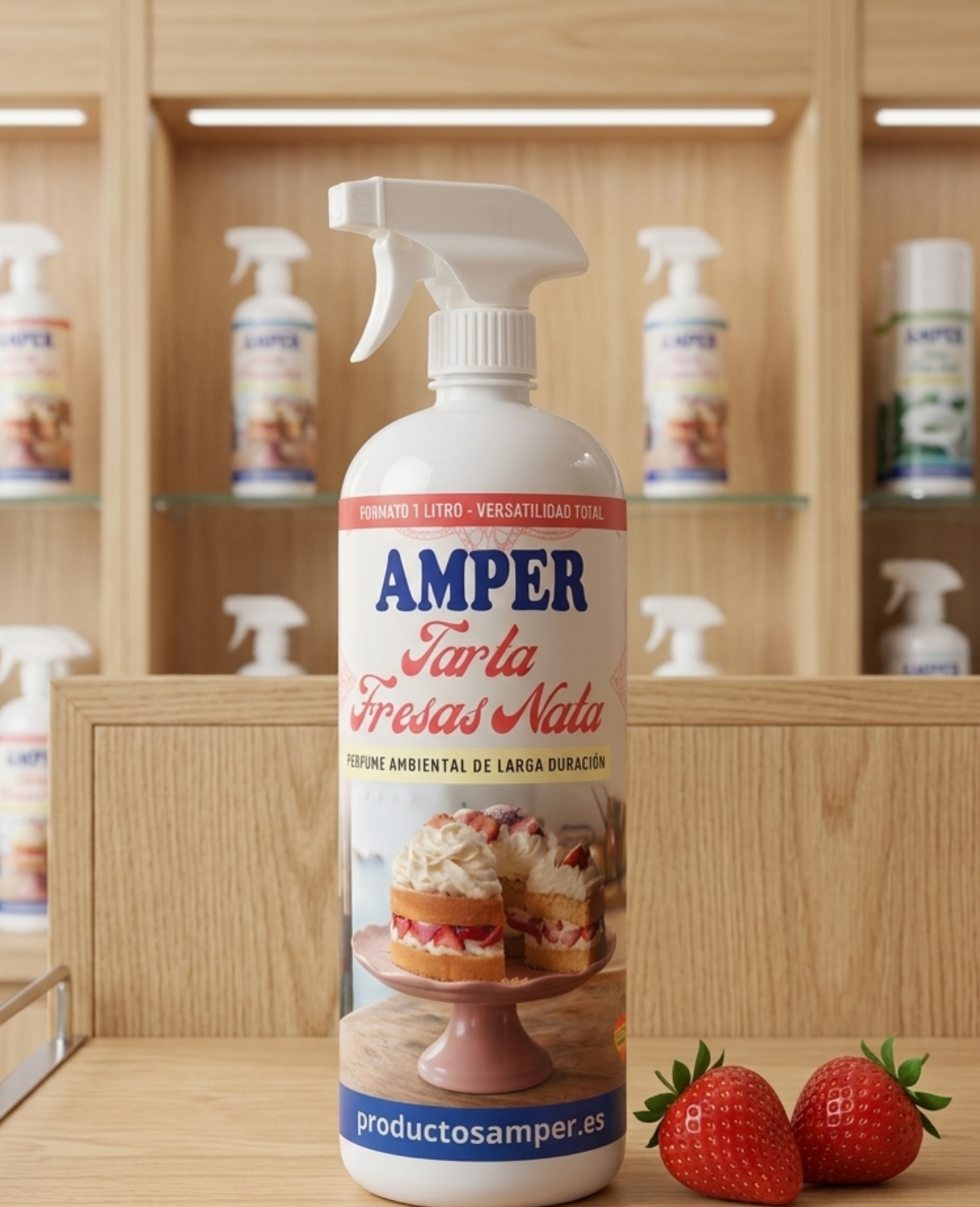 Botella del ambientador Amper Tarta de Fresas con Nata de 1 litro con aroma dulce y larga duración.