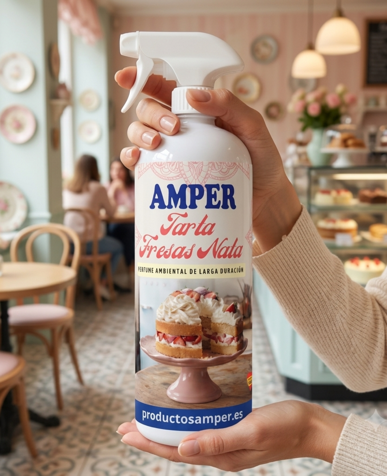 Ambientador Spray Amper Tarta de Fresas con Nata de 1 litro en una cafetería con ambiente acogedor, arma femenino 