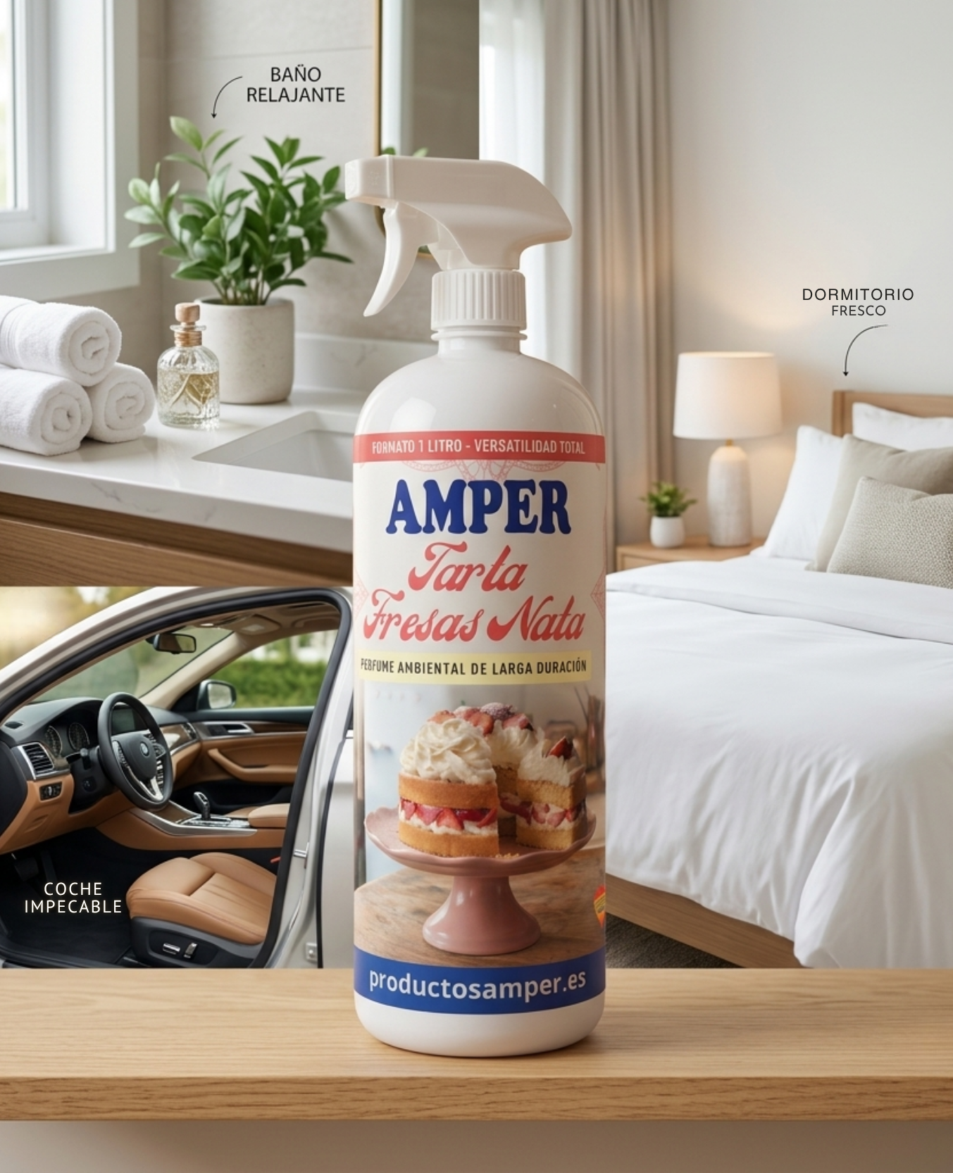 Ambientador Spray Amper Tarta de Fresas con Nata ideal para baño, dormitorio, coche y cualquier estancia.