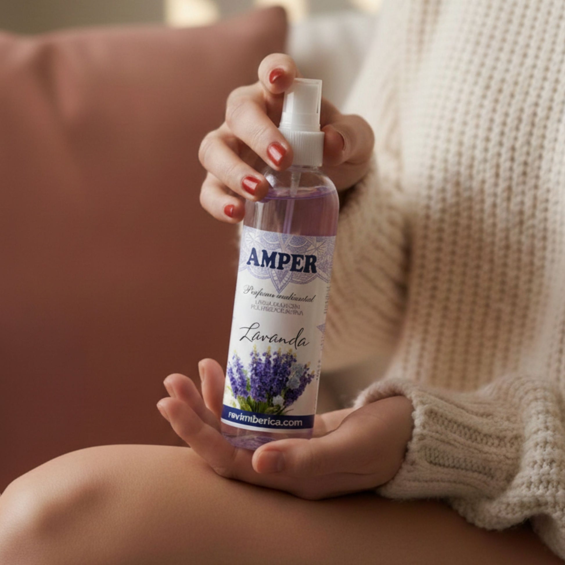 Persona usando ambientador de lavanda AMPER para perfumar el hogar