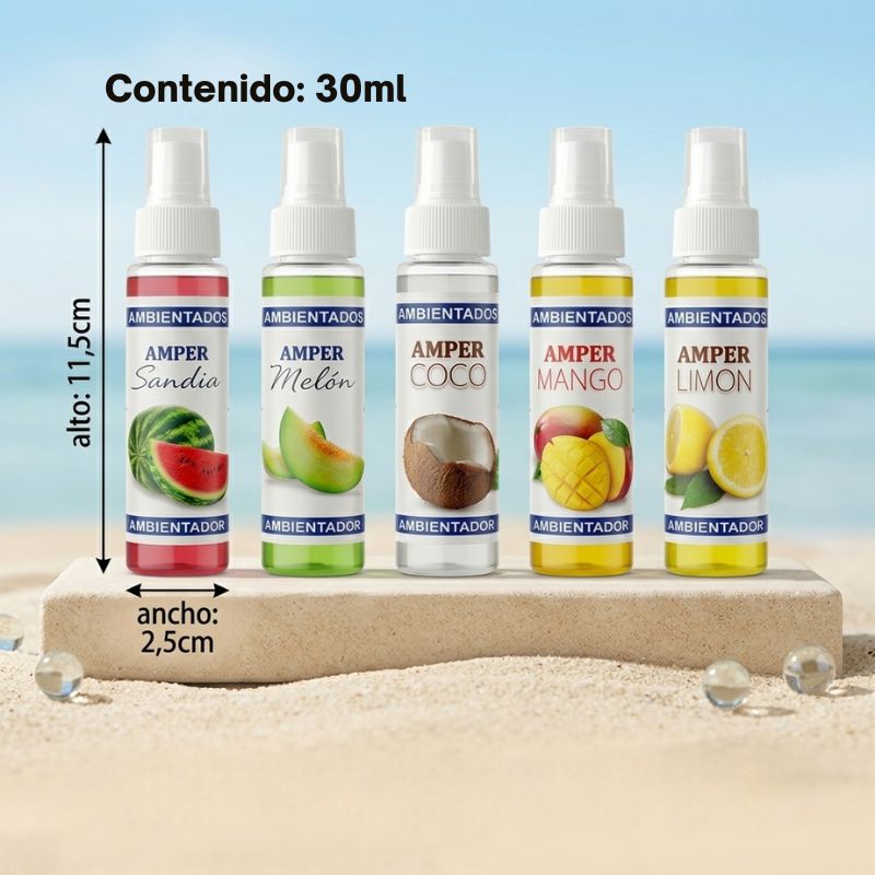 tamaños y medidas de ambientador de spray de sandia, melon, coco, mango, limon fabricado en españa