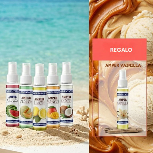 ambientador de spray de sandia, melon, coco, mango, limon fabricado en españa