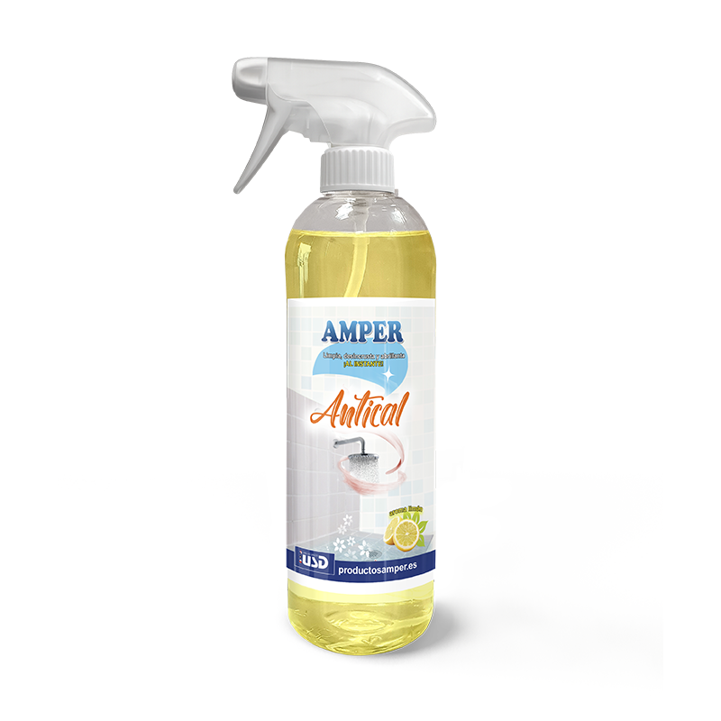 Eliminador de cal AMPER aroma limón limpiando azulejos de baño con antes y después, juntas blancas y superficies brillantes