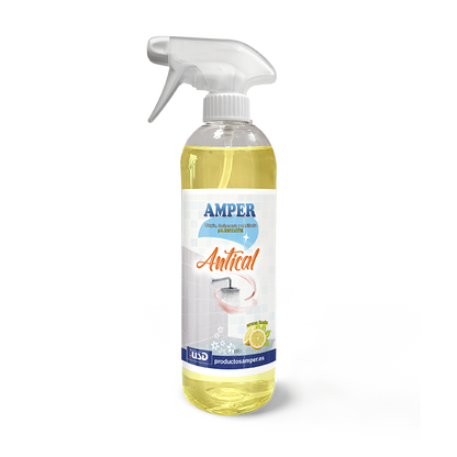 Eliminador de cal AMPER aroma limón limpiando azulejos de baño con antes y después, juntas blancas y superficies brillantes