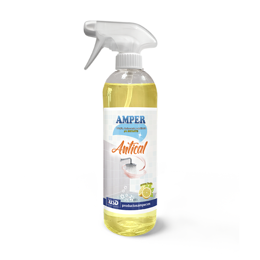 Eliminador de cal AMPER aroma limón limpiando azulejos de baño con antes y después, juntas blancas y superficies brillantes