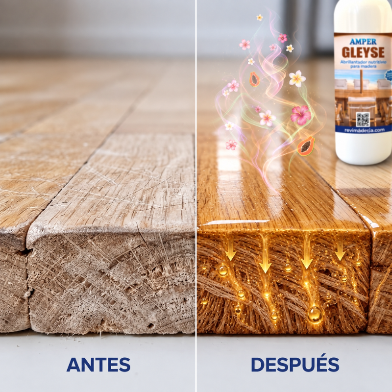 Madera desgastada antes y después de aplicar GLEYSE AMPER, mostrando la nutrición de la madera y la recuperación del brillo de la superficie.