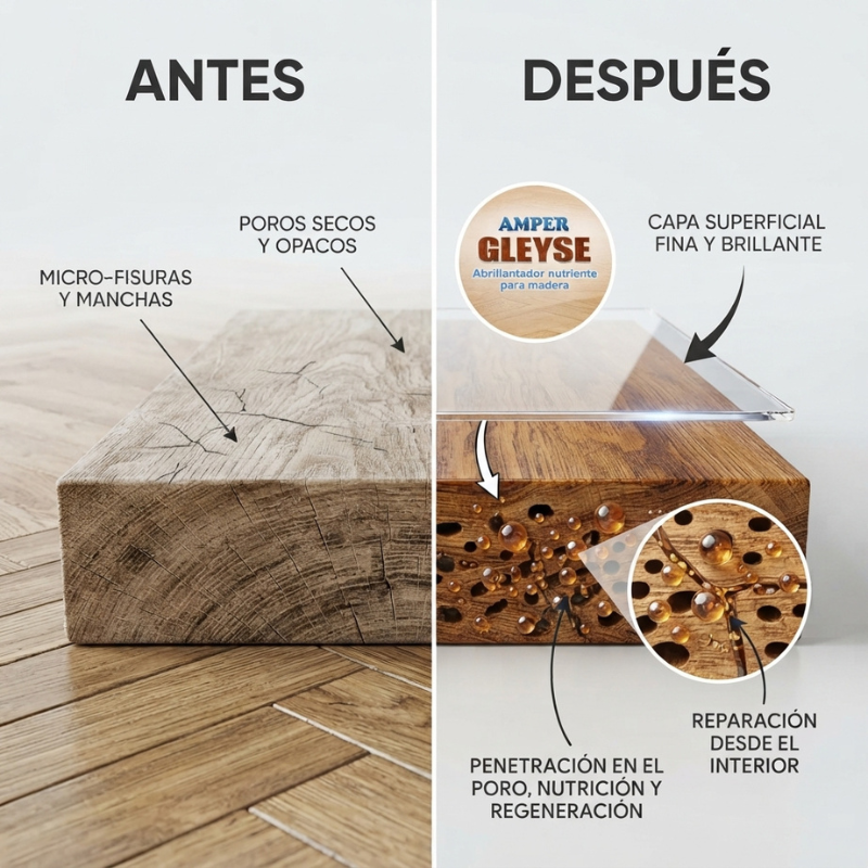 Madera desgastada antes y después de aplicar GLEYSE AMPER, mostrando la nutrición de la madera y la recuperación del brillo de la superficie, penetrando en micro fisuras