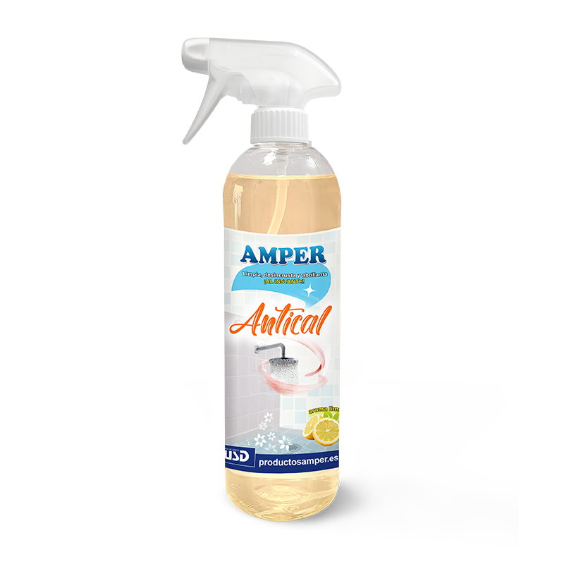 Limpiador Antical AMPER 500 ml. Disuelve la cal, elimina residuos de agua y deja grifos, mamparas y azulejos con brillo duradero.