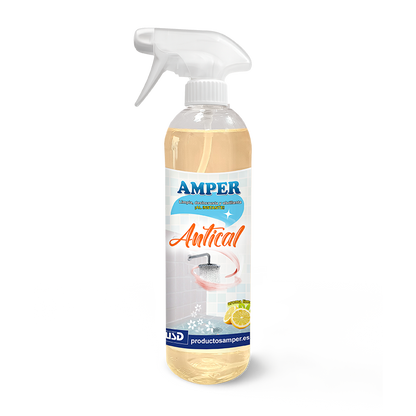 Limpiador Antical AMPER 500 ml. Disuelve la cal, elimina residuos de agua y deja grifos, mamparas y azulejos con brillo duradero.