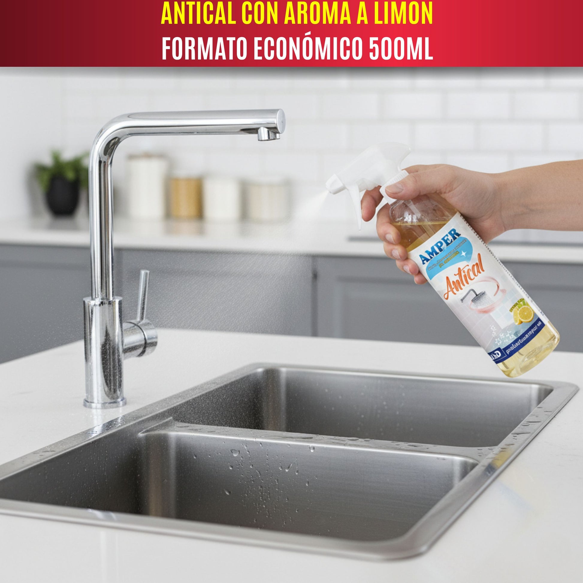 Grifo de baño cromado antes y después de eliminar la cal con antical AMPER