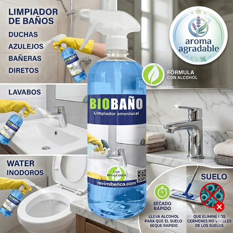 BIOBAÑO limpiador de baños con bioalcohol AMPER para la limpieza de griferías, azulejos, sanitarios y superficies esmaltadas con secado rápido y acabado brillante.