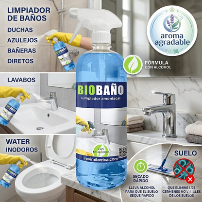 BIOBAÑO limpiador de baños con bioalcohol AMPER para la limpieza de griferías, azulejos, sanitarios y superficies esmaltadas con secado rápido y acabado brillante.