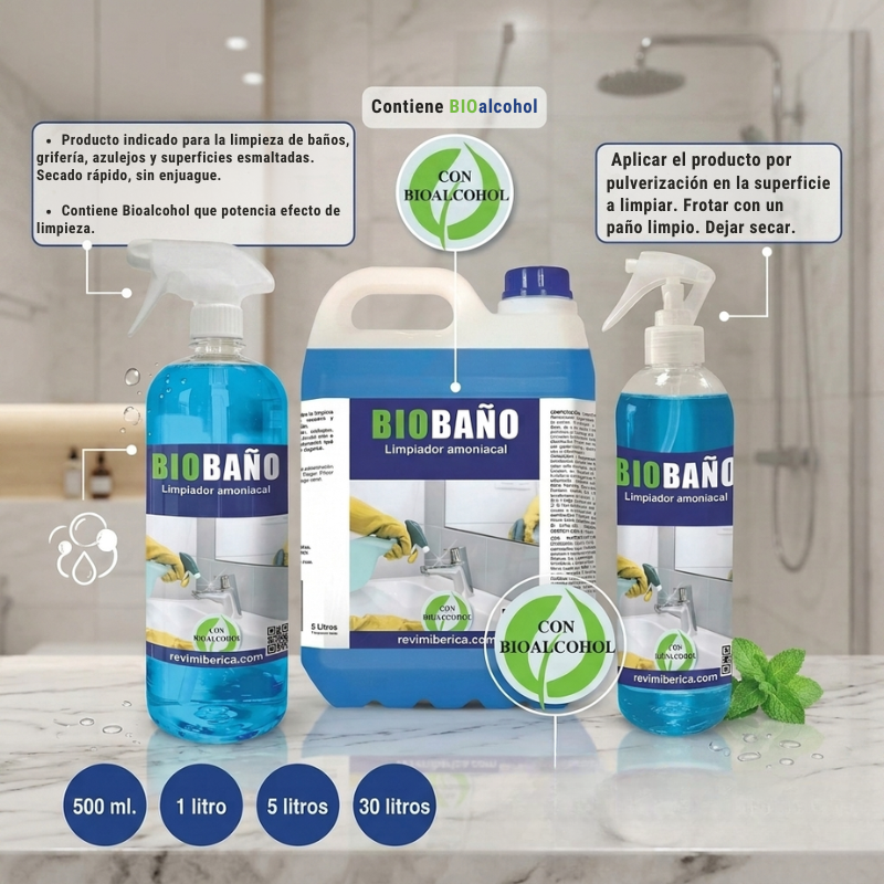 BIOBAÑO AMPER limpiador de baños con bioalcohol para griferías, azulejos y superficies esmaltadas con secado rápido y agradable aroma a limpio.