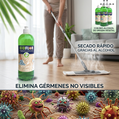 BIOFLOR friegasuelos con bioalcohol AMPER para la limpieza de mármol, terrazo, suelos plastificados y vitrificados con secado rápido, brillo duradero y agradable aroma a limpio.